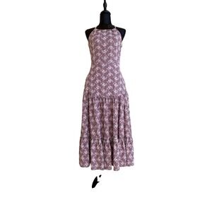 Just Me Purple Gingham Floral Embroidered Halter‎ Tiered Midi Dress Small